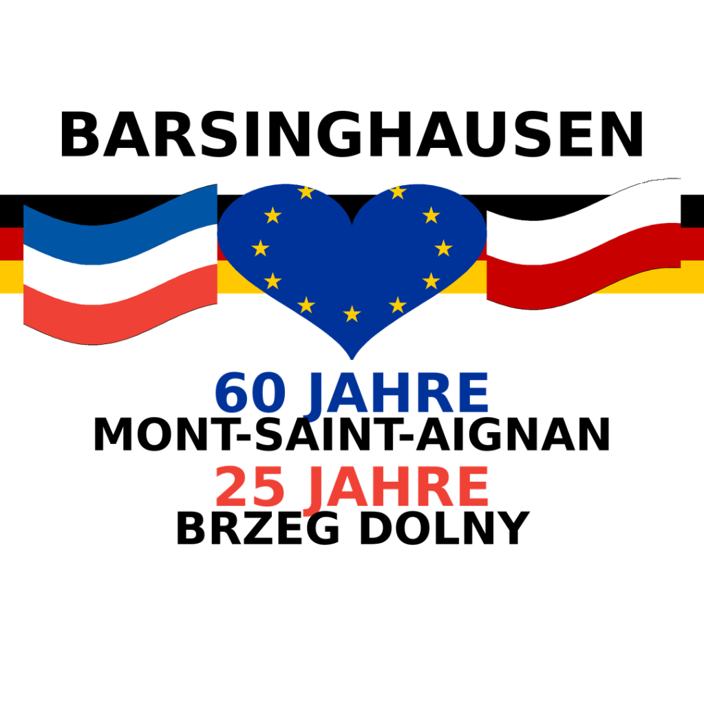 Das Logo zeigt in der Mitte eine herzförmige Europafahne und links und recht davon die Flaggen Polens und Frankreichs. Im Hintergrund zieht sich ein Band mit den Farben der deutschen Fahne lang